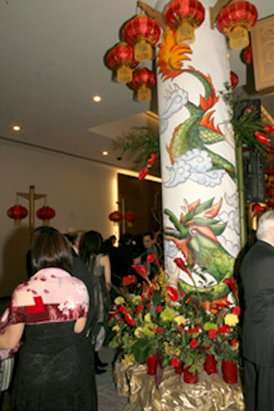 Decorative images of Chinese dragons wrapped around pillars inside the venue.