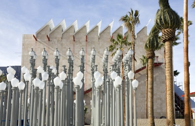 Chris Burden's 'Urban Light' installation greets visitors to the new Broad Contemporary Art Museum.