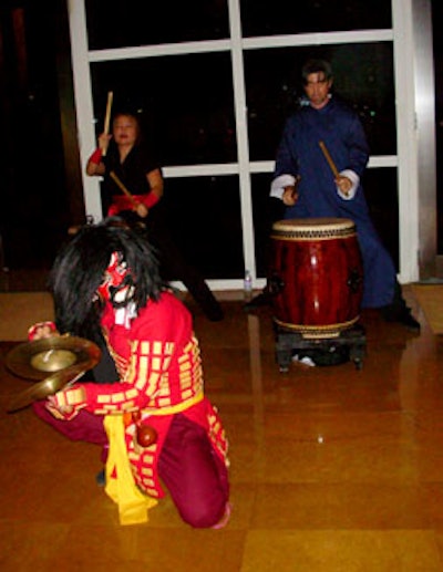 A Chinese dancer accompanied by two drummers welcomed guests at the entrance to the Mandarin Oriental Miami.