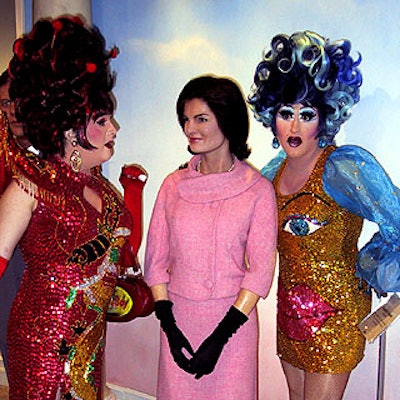 Drag queens Perfidia (left) and Miss Understood (from Screaming Queens) posed with the wax Jacqueline Kennedy.