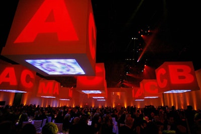 Programmable plasma-screen tiles illuminated the undersides of the hanging installations.