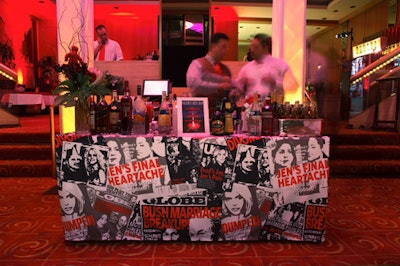 Playing off the '80s theme and the anti-Valentine's Day sentiment, MKG's graphics department produced linens printed with gossip magazine covers for the bars and tables.