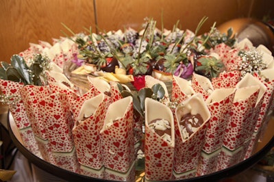 For dessert, guests snacked on chocolate mousse served in white chocolate cases.