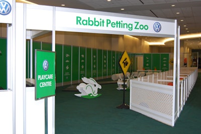 Volkswagen kept kids in mind with its Rabbit Petting Zoo play centre, a nod to its newest vehicle model. Features included live rabbit races and carrot colouring pencils.