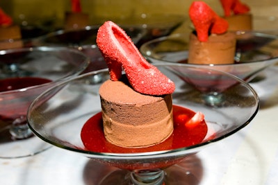 One of Dorothy's ruby slippers topped each chocolate mousse dessert.