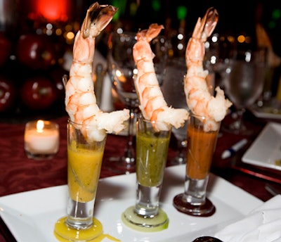 The meal began with three poached shrimp served with yellow tomato, red tomato, and tomatillio and cilantro gazpacho.