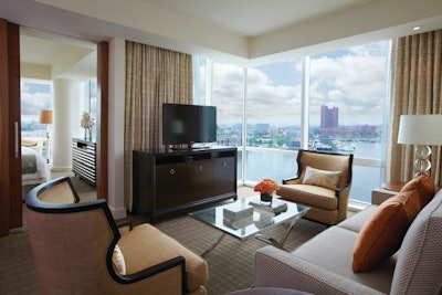 The hotel has 24 executive suites, 12 overlooking the city and 12 with views of the Inner Harbor.