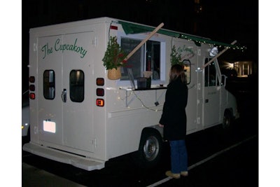 The Cupcakory, a food truck that doles out cupcakes, can travel to holiday parties at offices or event spaces. Seasonal flavors include gingerbread, eggnog, and peppermint-chocolate cupcakes, and the truck is also stocked with coffee and hot chocolate. The mobile bakery requires a minimum of 100 guests for event rental. Cupcakes cost $2.75 each, and there are additional fees for travel and fuel.