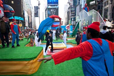 To open the obstacle course-style area, Nintendo brought in a Parkour group dressed as Super Mario to do acrobatics around the set.