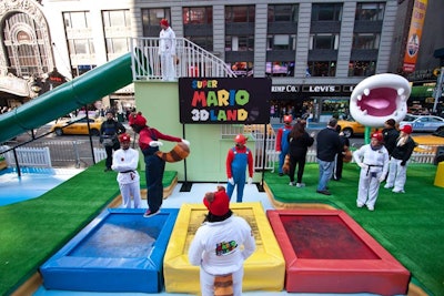 Allowing visitors to Times Square to feel like they were inside Super Mario 3D Land, the environment included colorful trampolines that emitted noises from the video game when bounced upon.