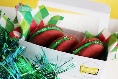 The Yum Yum Truck's holiday whoopie pies feature red velvet cake and cream cheese filling coated with sprinkles. A box of three is $20.
