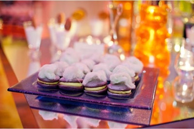 Cotton candy topped the chocolate whoopie pies filled with green or blue icing.