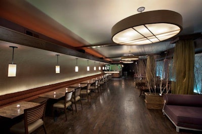 The serene upper level is decorated with birch branches.