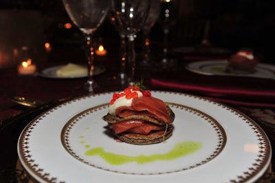 Restaurant Associates served smoked salmon napoleon as the first course, which was already plated as guests entered the Roof Terrace.