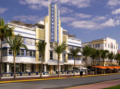 Hotel Breakwater's iconic facade on Ocean Drive.