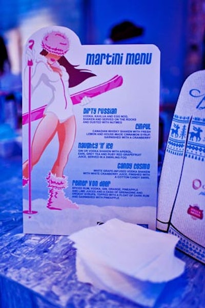 The Martini Club International designed the cocktail menu for the event. The drinks matched the Naughty N'Ice theme, with names like the Dirty Russian and Cinful