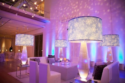 All-white lounge areas held lampshades printed with snowflakes; the bases of the lamps appeared to be filled with glistening snow.