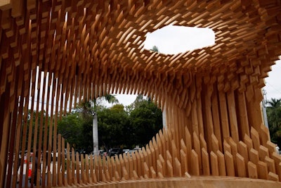 Adjaye described 'Genesis' as a 'giant piece of architectural furniture.' Hundreds of vertical pine planks formed the structure.