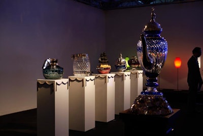 Gallery Vivid presented five 100-year-old hand-blown crystal pieces titled 'Containers II' by Studio Job.
