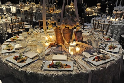 Dim, white light, illuminated textured table linens.