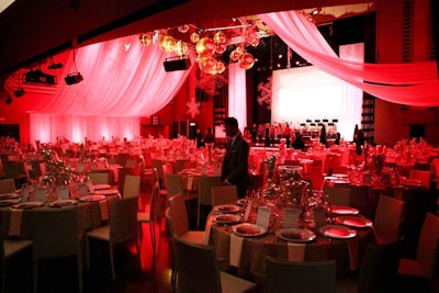 The dining room was lit in red-and-white lights.