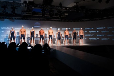 Following the 3-D mapping segment, the nine Olympic and world champion medalists emerged on stage to reveal the Fastskin 3 suits.