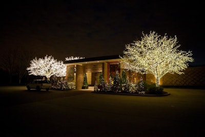Strands of fairy lights wrap the branches of the garden's trees, which framed the event's entrance.