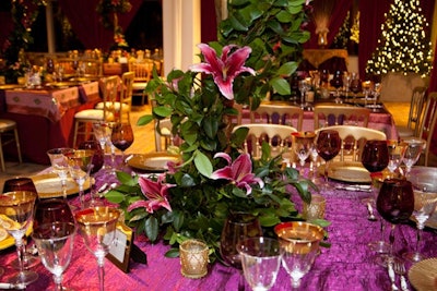 Silky purple linens and gold chairs spruced up the dinner tables in the Jaipur room.