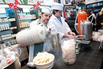 The real entertainment, though, was at the chef's station. Farina and Jones came armed with tanks of CO2 (carbonated orange) and dry ice, and prepared the snacks on site.