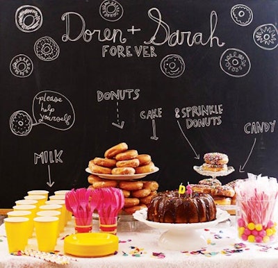 For a donut-themed bridal shower put together by blogger Elsie Larson, a giant chalkboard filled with descriptive doodles served as the backdrop of the food spread.