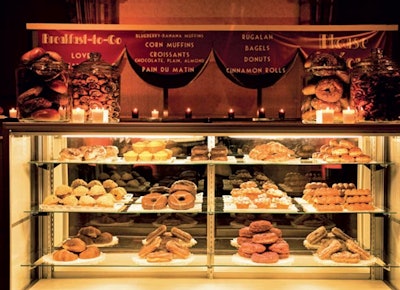 Marcy Blum Associates built a bakery-style display case to offer guests breakfast-to-go treats from New York bakeries at the end of a wedding reception.