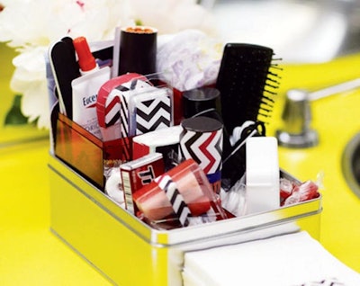 Bathroom amenity baskets are a staple at social events, sometimes tying to the event’s motif, like this one created by State of the Art Enterprises for a bar mitzvah with a graphic pattern theme.