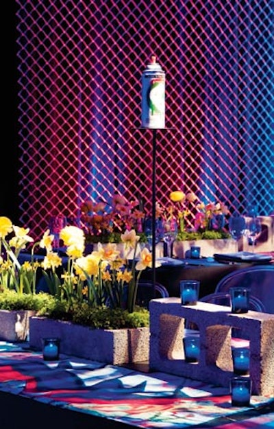 The tables at a graffiti-themed bar mitzvah designed by David Stark Design and Production, held at Center 548 in New York, displayed arrangements of daffodils and ranunculuses sprouting from cinder block planters.