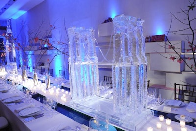 Five-foot-tall ice sculptures of iconic New York landmarks, including the Empire State Building, Chrysler Building, and the Brooklyn Bridge (pictured), sat in the middle of the dinner table.