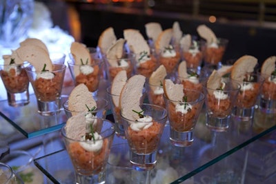 Other offerings included smoked salmon martinis with whipped-dill cream cheese, caper pearls, sniped chives, and bagel chips.