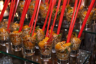 At a station called the 'Bamboo Inn,' offerings included sesame noodle salad with shelled edamame, bok choy, red pepper, snow peas, daikon radish, and mandarin oranges.