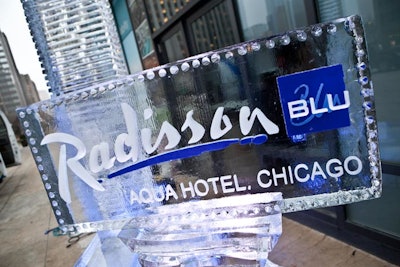 A branded ice sculpture stood at the entrance.