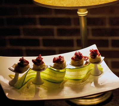 The Catered Affair presented hors d'oeuvres on miniature cake stands.