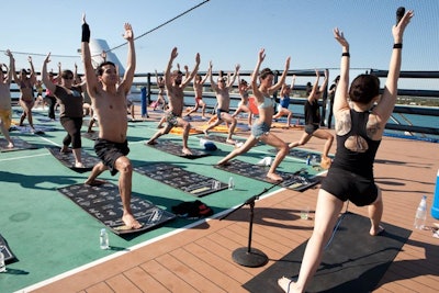 Between music sets, guests attended yoga classes held on the ship's tennis courts.