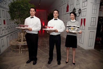 In keeping with the night's theme, the waitstaff wore black and white clothing, with white shirts and black bow ties for the men and striped sweaters and pleated black skirts from Jason Wu for Target collection for the women.