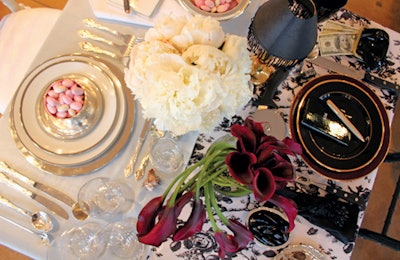 Here’s a “naughty and nice” tabletop I came up with at the Party Rental Ltd. showroom in New York, with Kate Middleton and Kim Kardashian in mind. Kate’s look was “pretty and perfect,” with royal-ready flatware, while for Ms. Kardashian I thought “high bordello” struck the right mood, with a giant pizza cutter that doubles as a mirror.