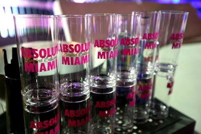 The night's drinks were served in keepsake plastic Collins cups, each emblazoned with the Absolut Miami logo.