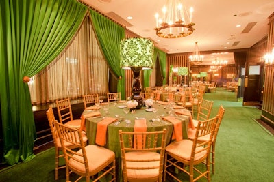 In the Graham Room, dinner tables were set with green and black damask lamps.