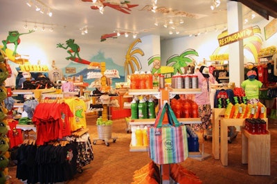 A souvenir store off the entrance sells a variety of Senor Frog's merchandise, such a shirts, hats, bags, and shot glasses.