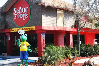 The brand's mascot, Senor Frog, greets guests at the entrance.