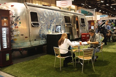 A 33-foot Airstream motor home served a dual purpose at the booth by sunglass-maker Costa: It provided meeting space for up to 15 people and also was a key piece of decor for the retro, beach-like atmosphere the company was trying to create.