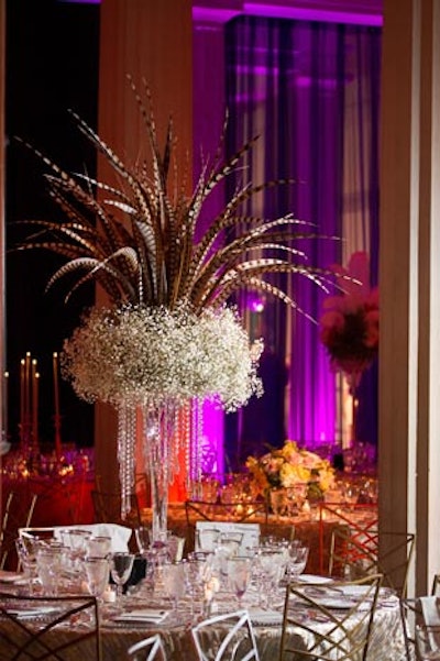 Amaryllis incorporated feathers in a variety of dramatic tabletop arrangements.