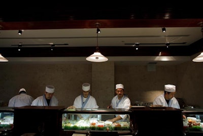 An executive sushi chef and sushi bar staff serves small plates and larger platters from 11 a.m. to midnight.