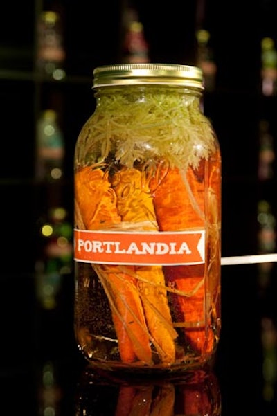 The 'We Can Pickle That!' bar contained objects submerged in either green or amber-colored liquid in jars with the Portlandia logo.