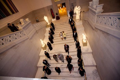 Members of the Voices of Inspiration choir, led by Nolan Williams Jr., lined the Corcoran's stairs and performed as guests migrated downstairs for dinner after cocktails.